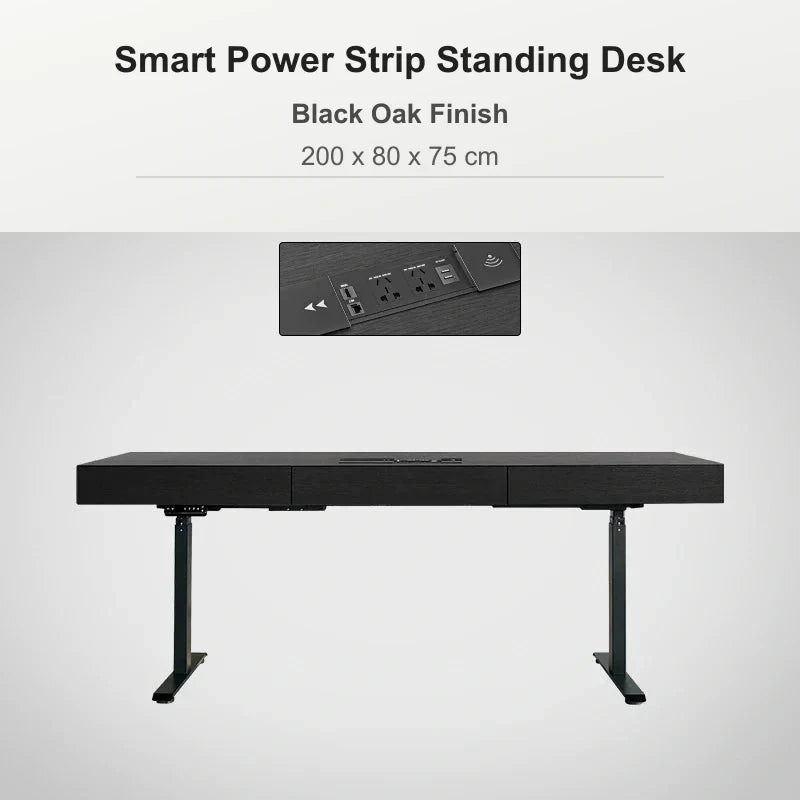 Smart power strip standing desk 200 x 80 x 75 cm in black oak