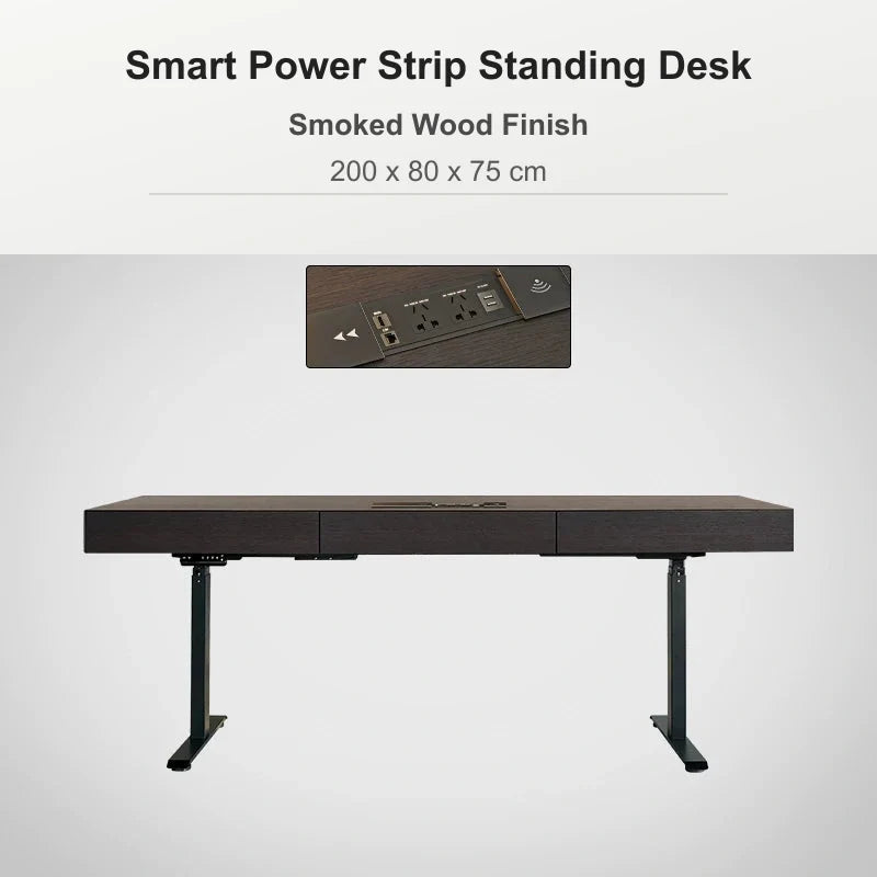 Smart power strip standing desk 200 x 80 x 75 cm in smoked wood