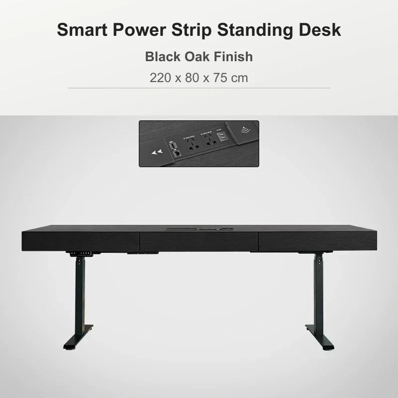 Smart power strip standing desk 220 x 80 x 75 cm in black oak