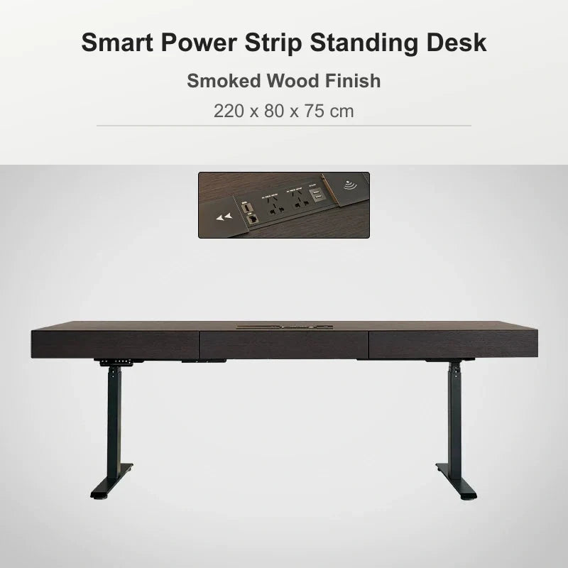 Smart power strip standing desk 220 x 80 x 75 cm in smoked wood