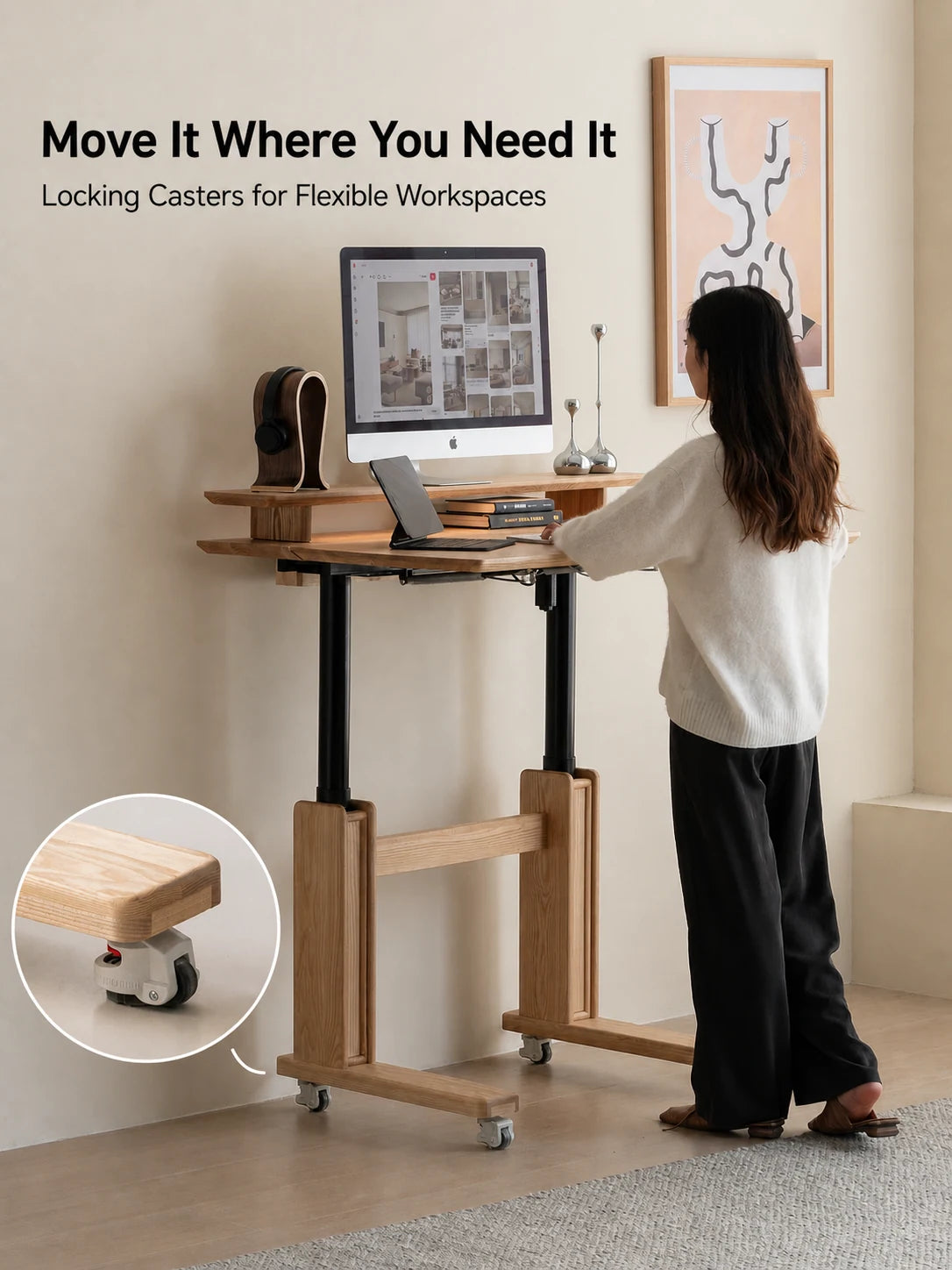 Mobile solid wood electric standing desk with locking casters