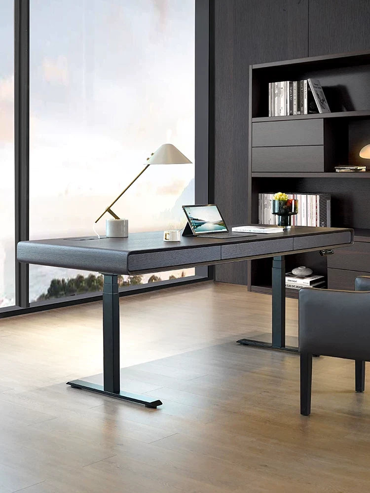 Modern Italian electric standing desk in a premium study room with dark wood desktop