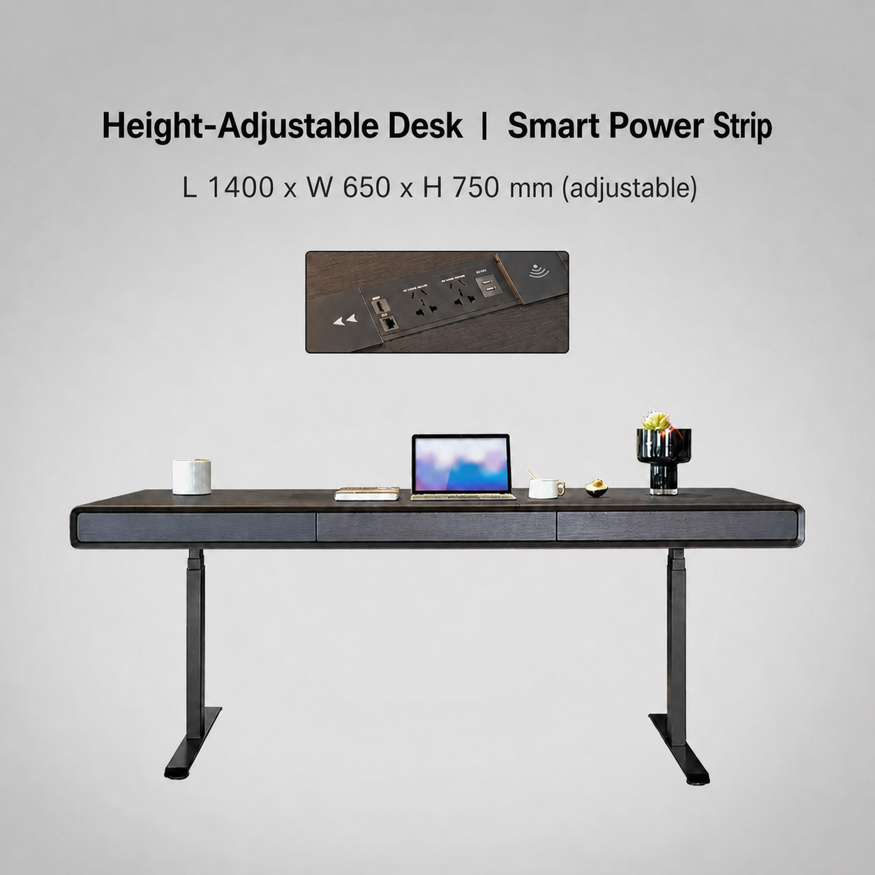 Smart Power Strip 1400 x 650 x 750 mm height-adjustable desk specification