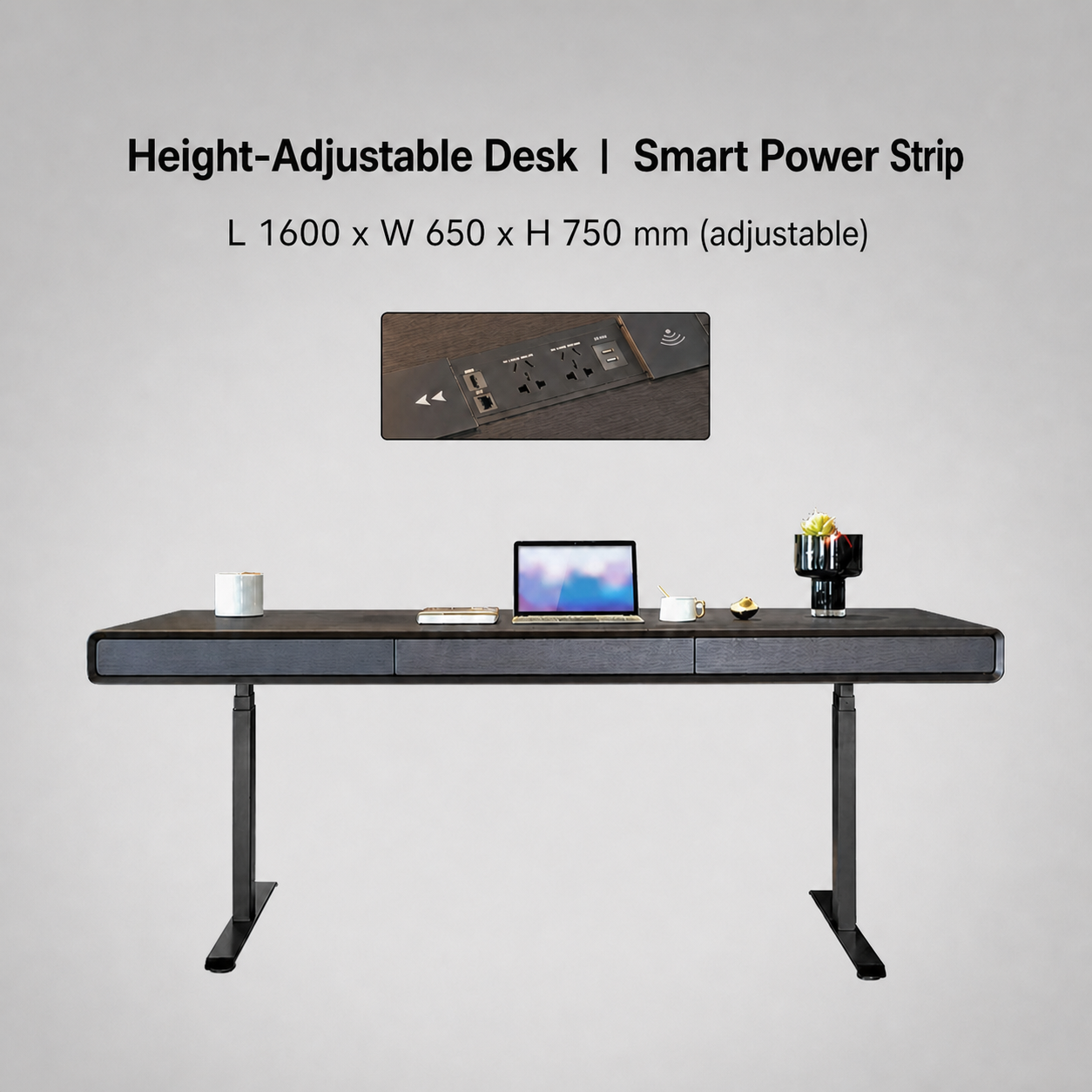Smart Power Strip 1600 x 650 x 750 mm height-adjustable desk specification
