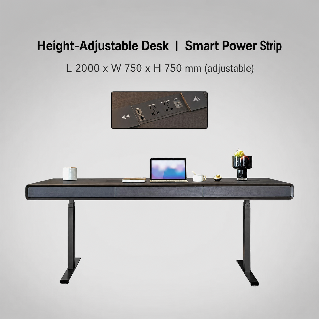 Modern Italian electric standing desk with smart power strip 2000 x 750 mm specification