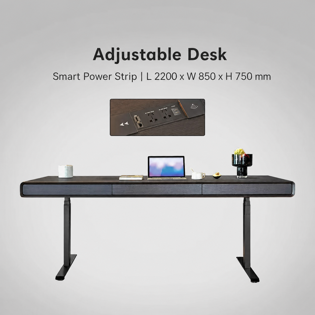 Modern Italian electric standing desk with smart power strip 2200 x 850 mm specification