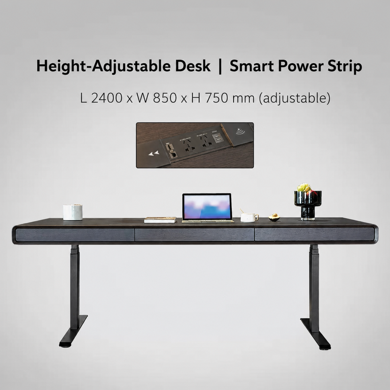 Modern Italian electric standing desk with smart power strip 2400 x 850 mm specification