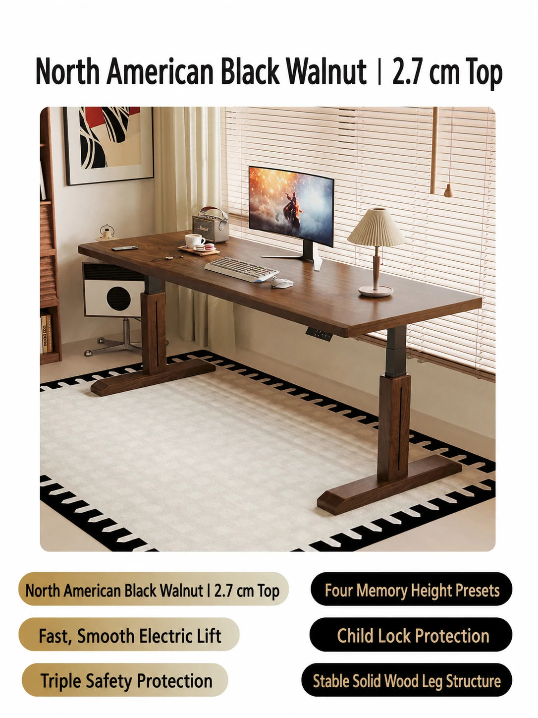 MT26 black walnut electric standing desk with 2.7 cm hardwood top