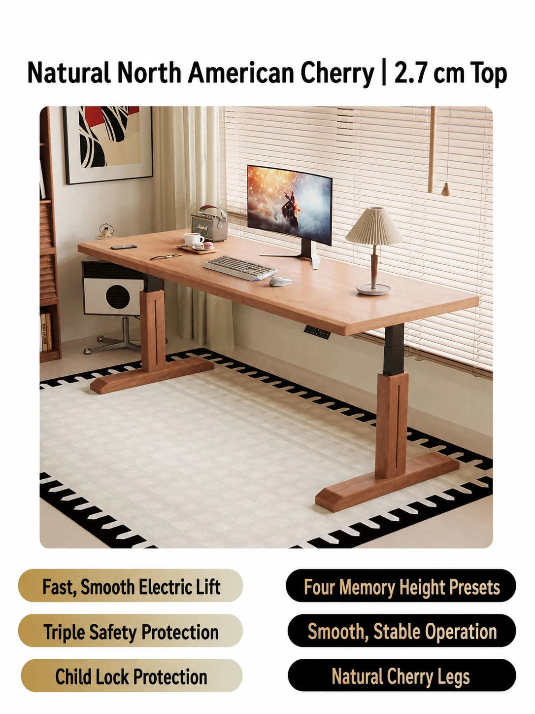 MT26 natural cherry electric standing desk with 2.7 cm top