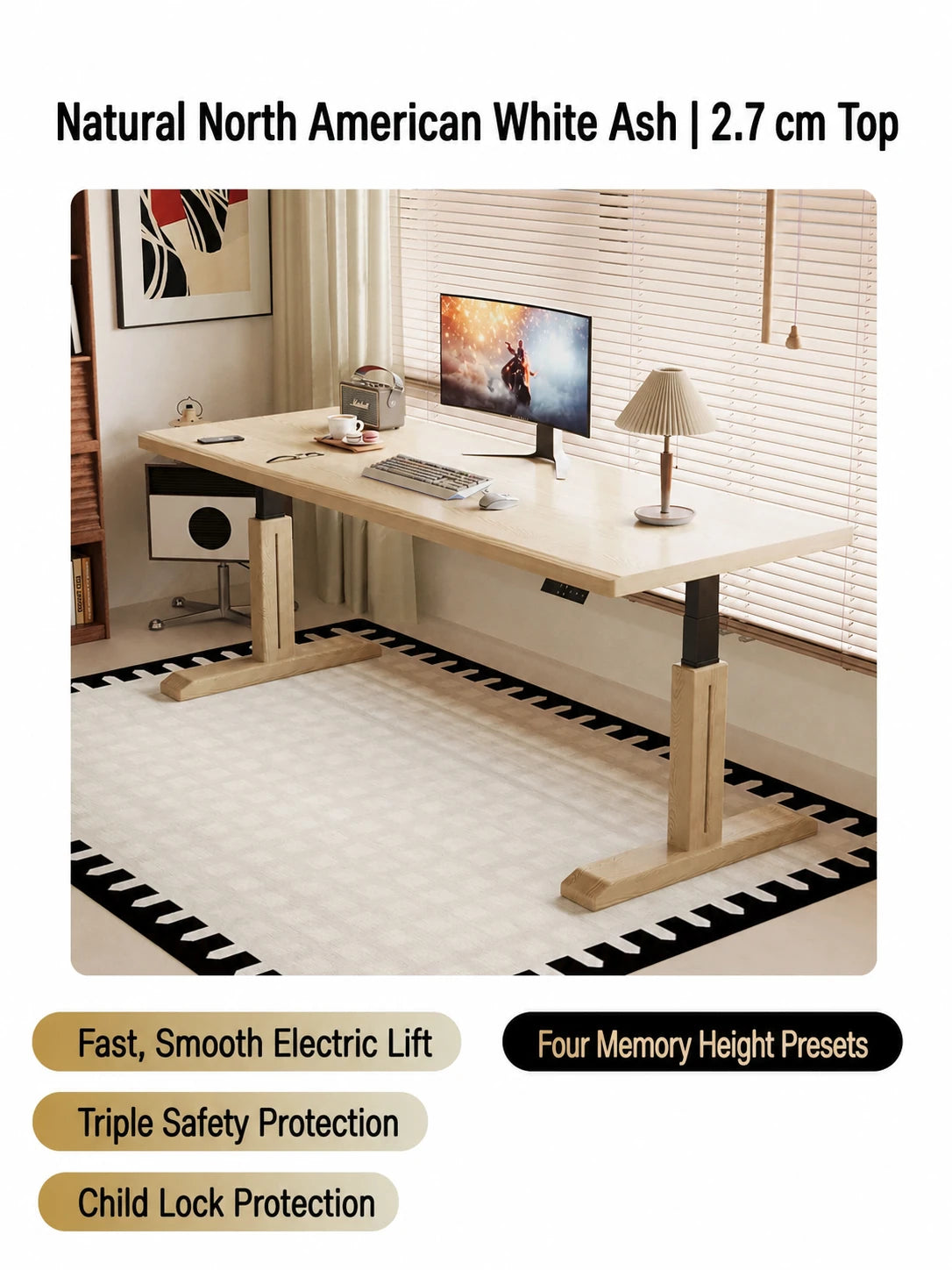 MT26 natural white ash electric standing desk with 2.7 cm top