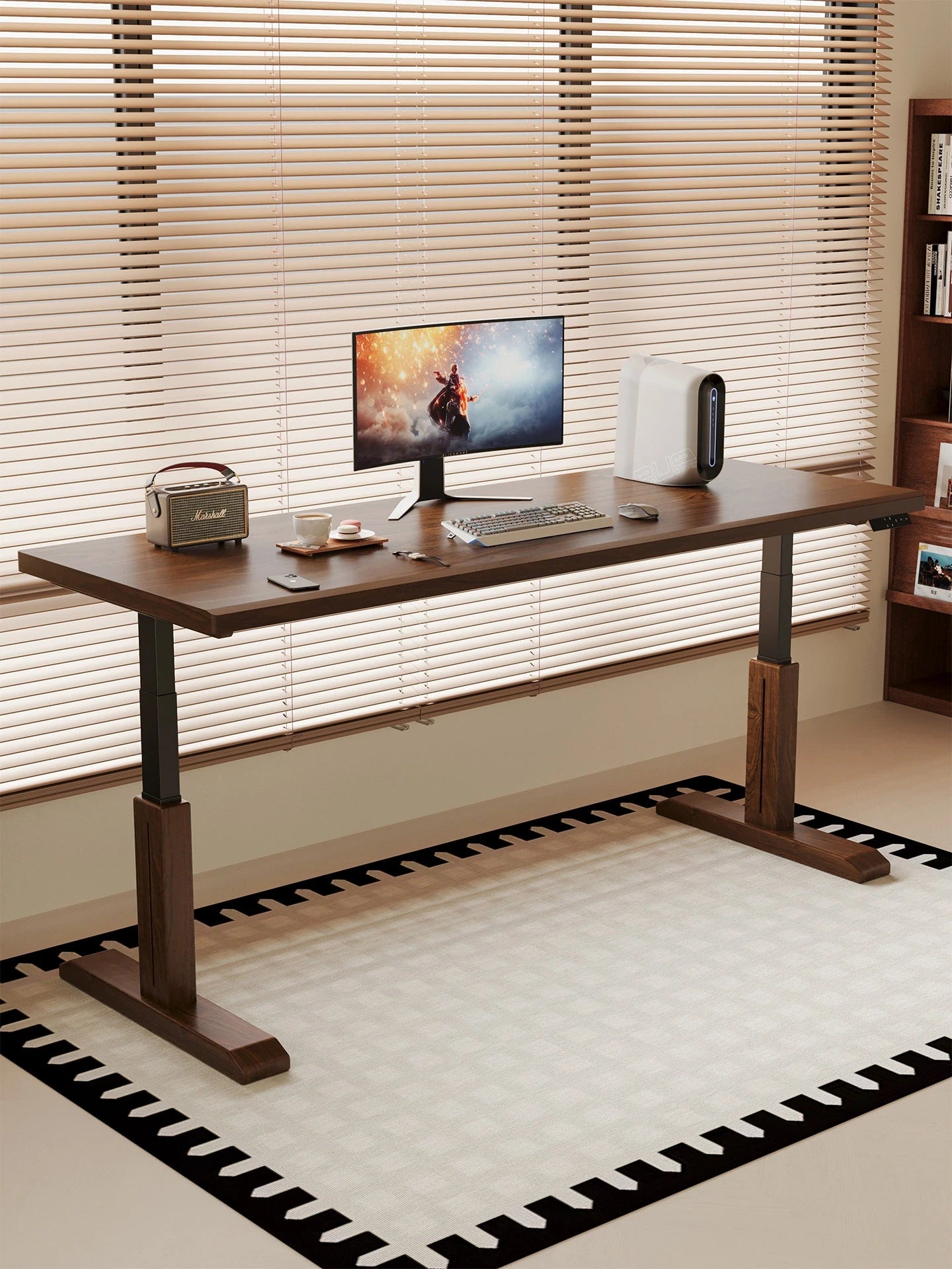 MT26 solid wood electric standing desk in a warm home office