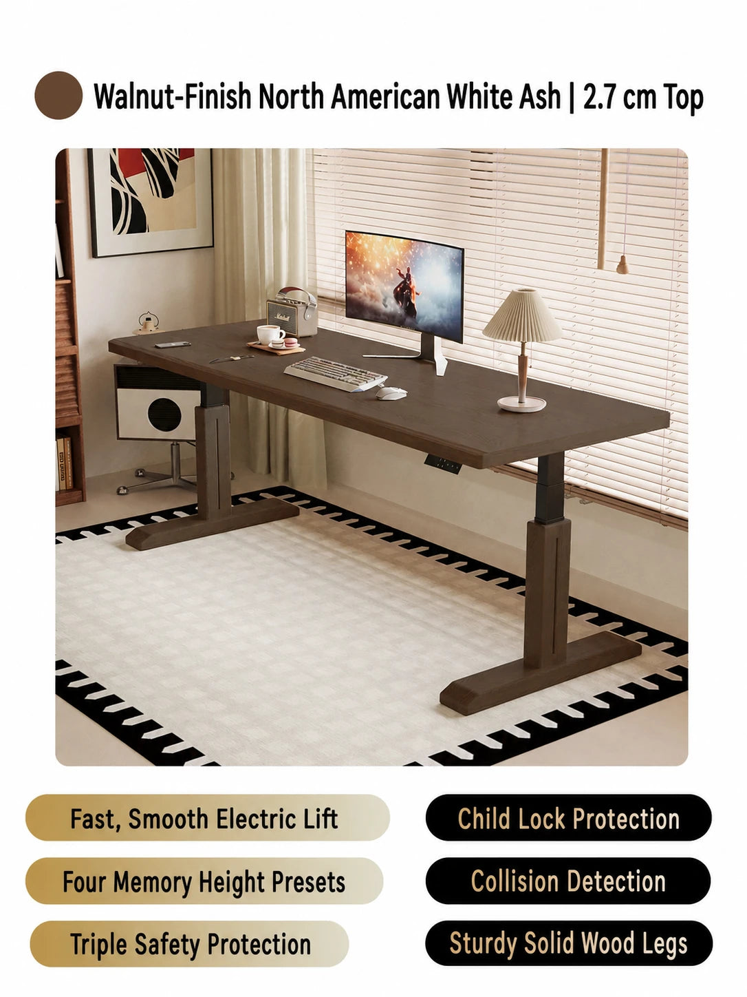 MT26 walnut-finish white ash electric standing desk