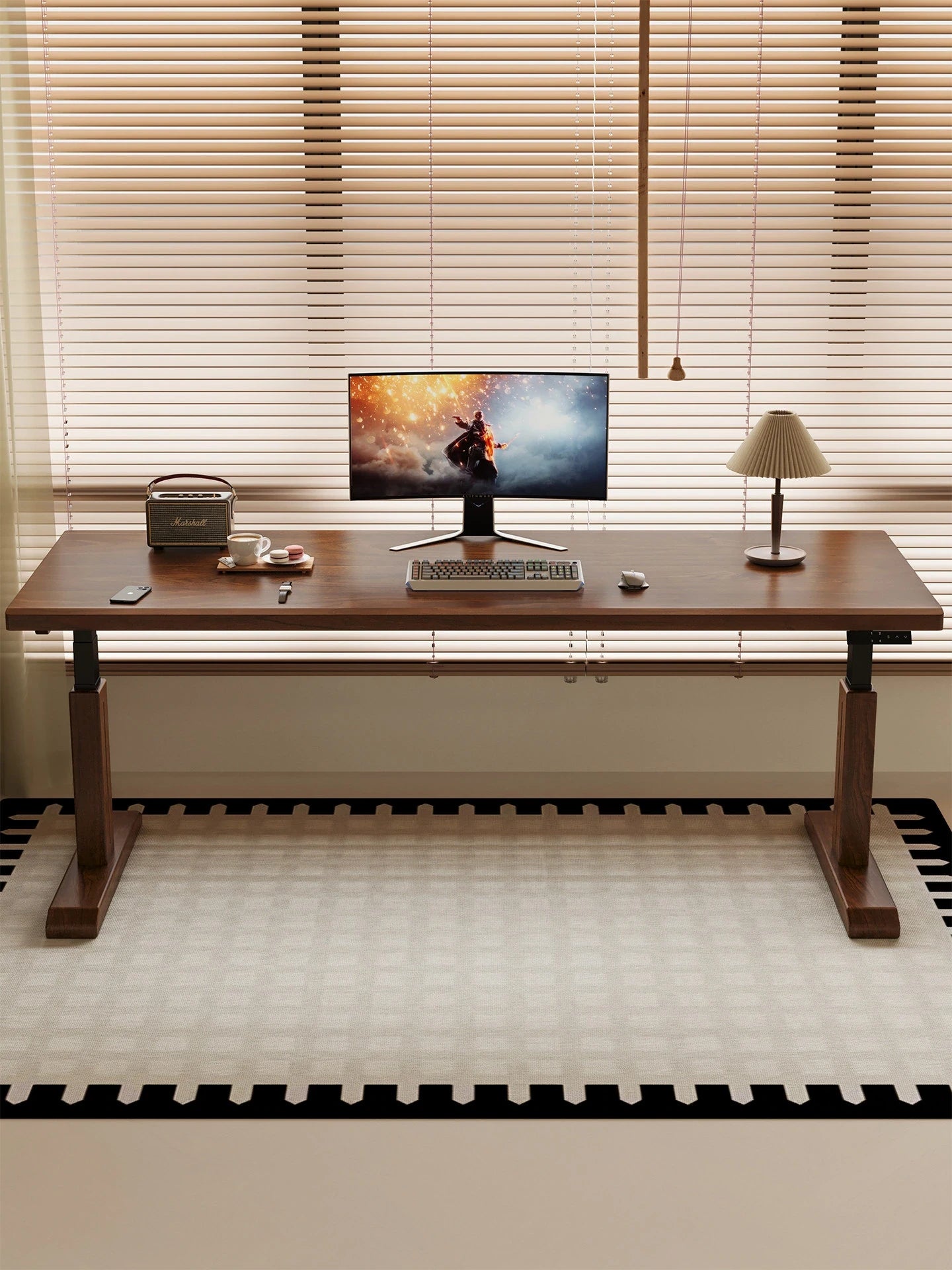 Wide MT26 height adjustable hardwood desk with monitor setup