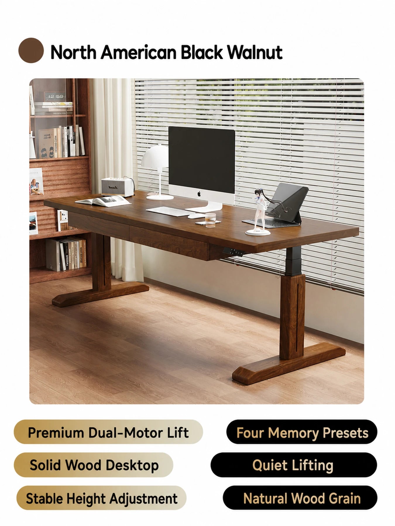 MT27 black walnut electric standing desk with wood-clad legs