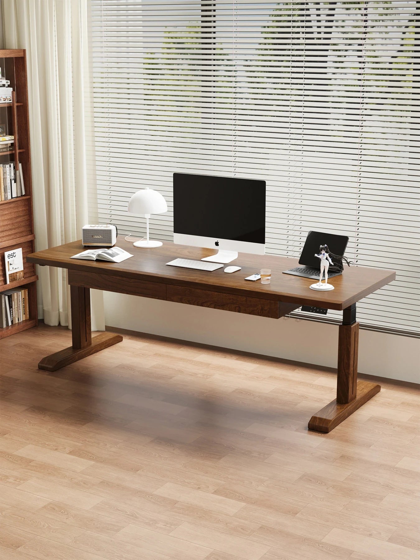 MT27 electric standing desk with coordinated wood-clad T-legs