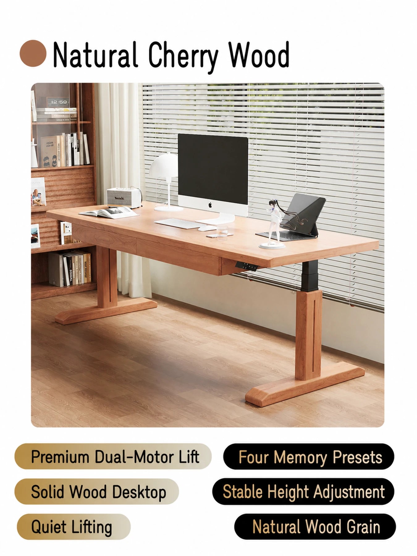 MT27 natural cherry electric standing desk with wood-clad legs