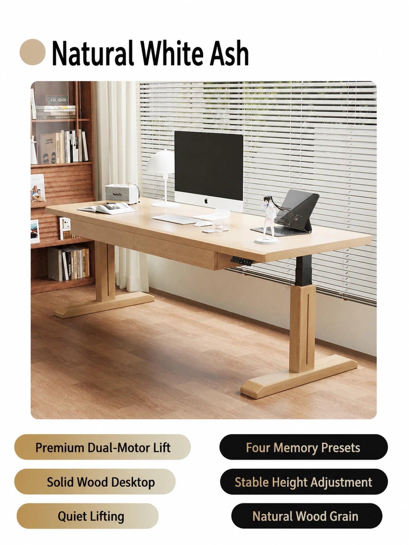 MT27 natural white ash electric standing desk with wood-clad legs