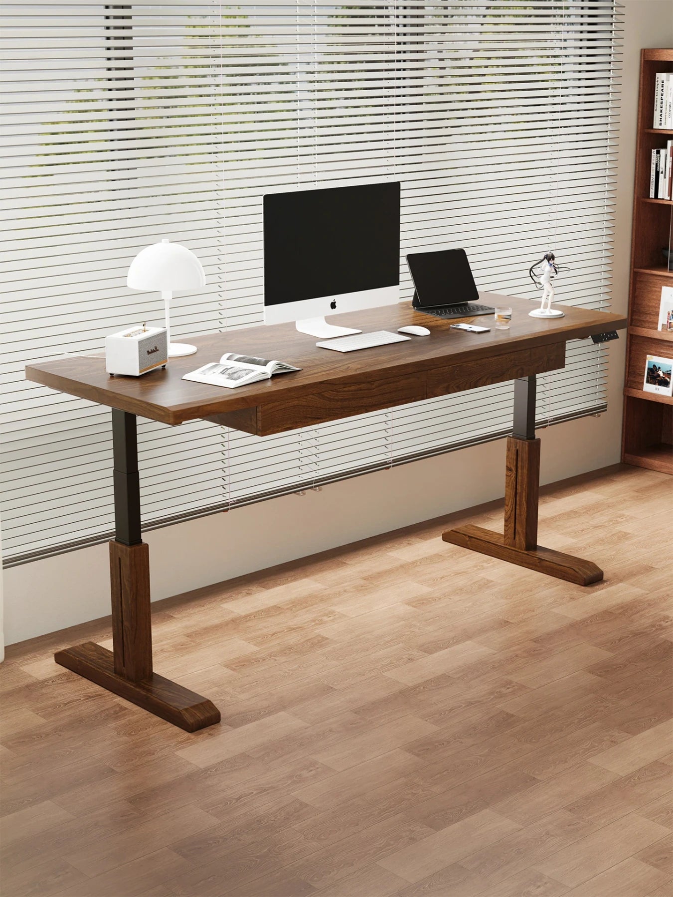 MT27 solid wood electric standing desk in a modern home office