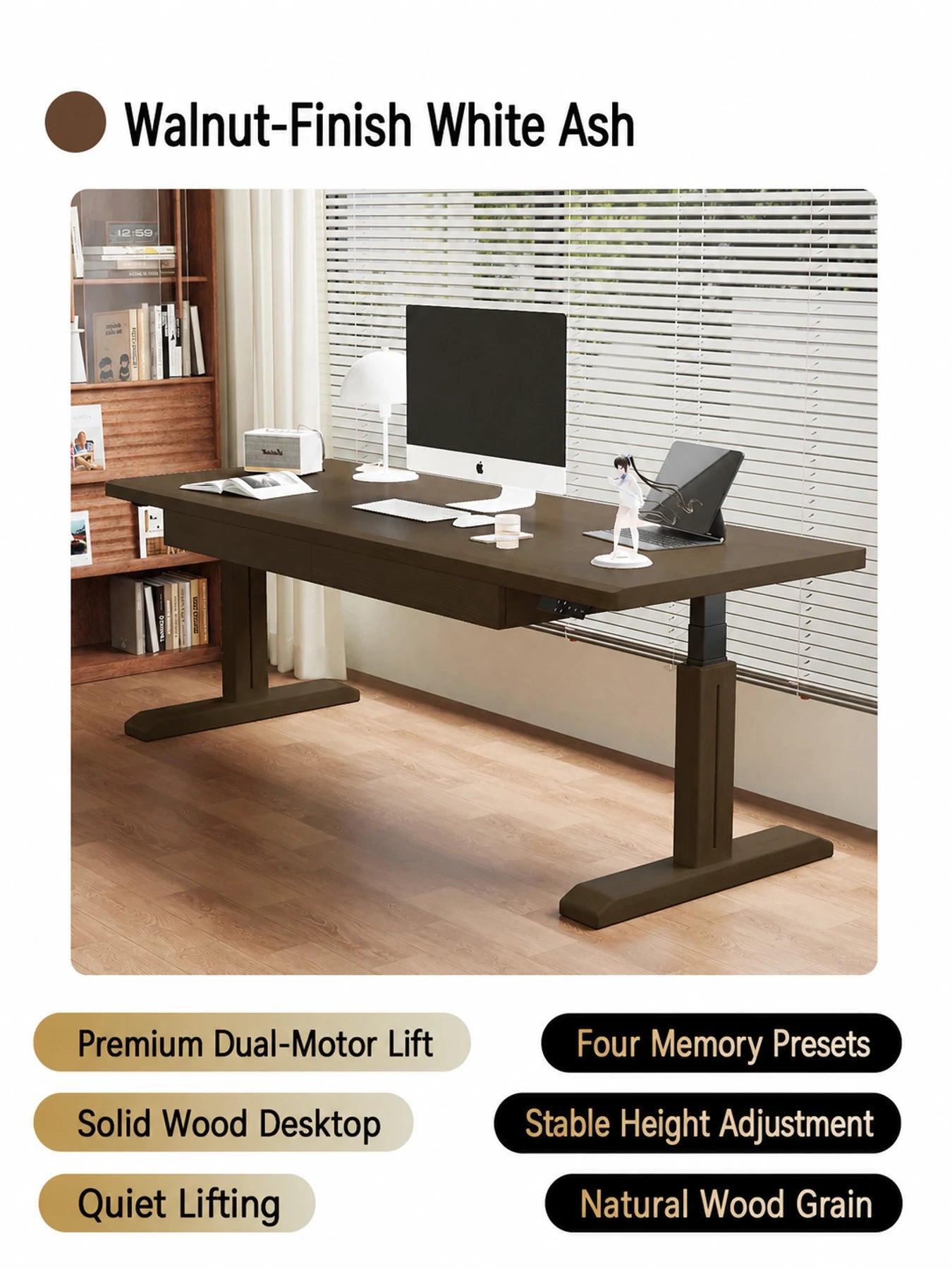 MT27 walnut-finish white ash electric standing desk