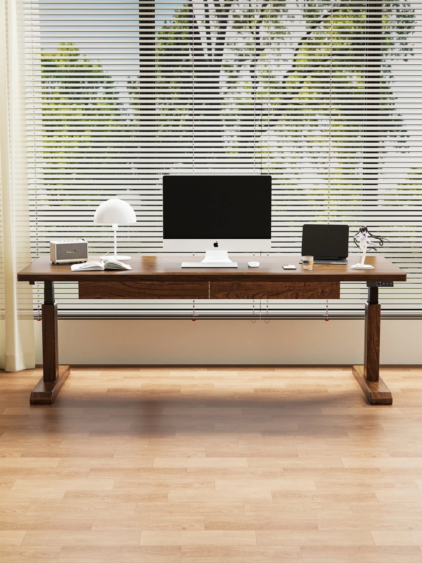 Wide MT27 height adjustable hardwood desk with monitor setup