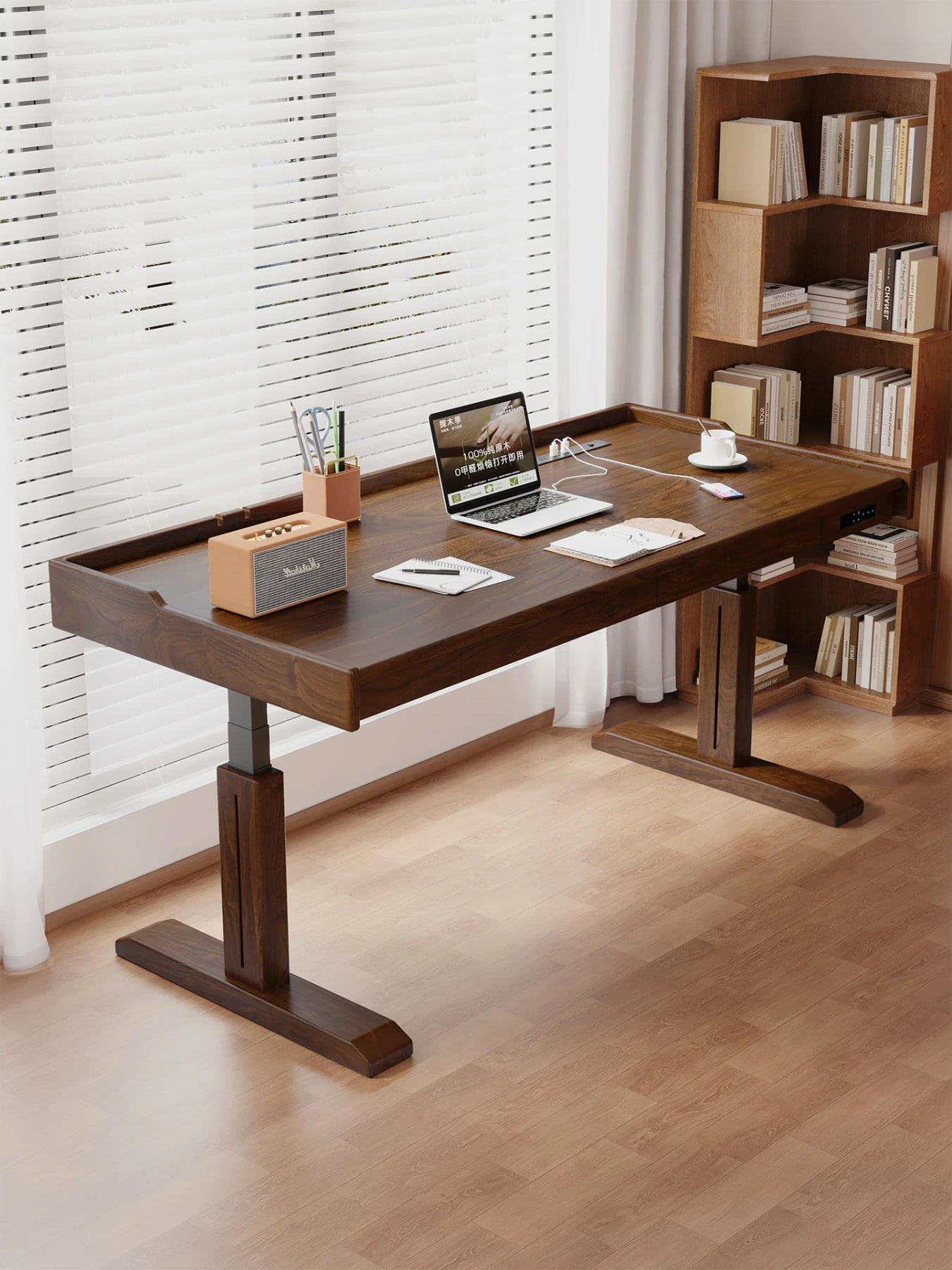 MT29 height adjustable hardwood desk in a bright home office