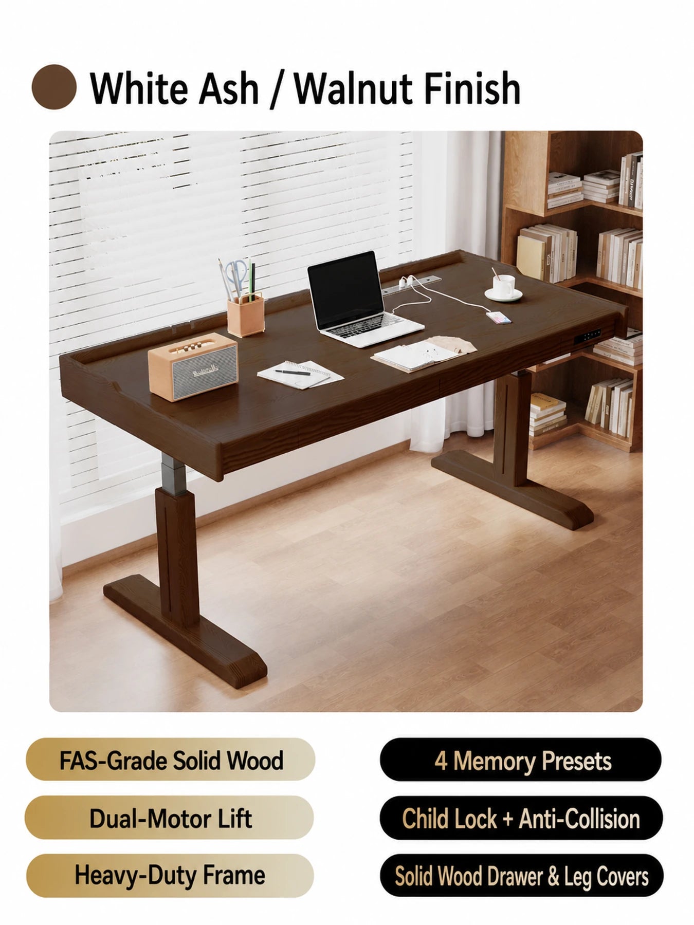 MT29 white ash standing desk in walnut finish