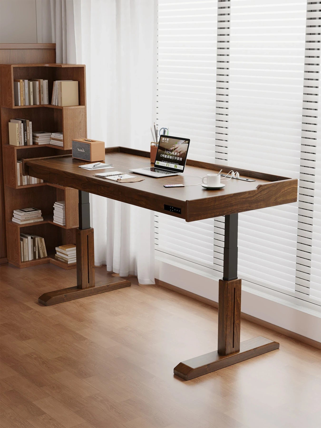 Wide MT29 electric standing desk with wood-clad legs