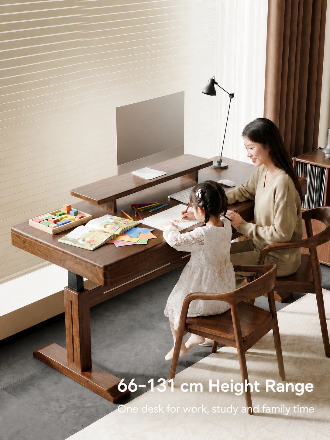 MT49 North American black walnut electric standing desk with drawers in a family home office