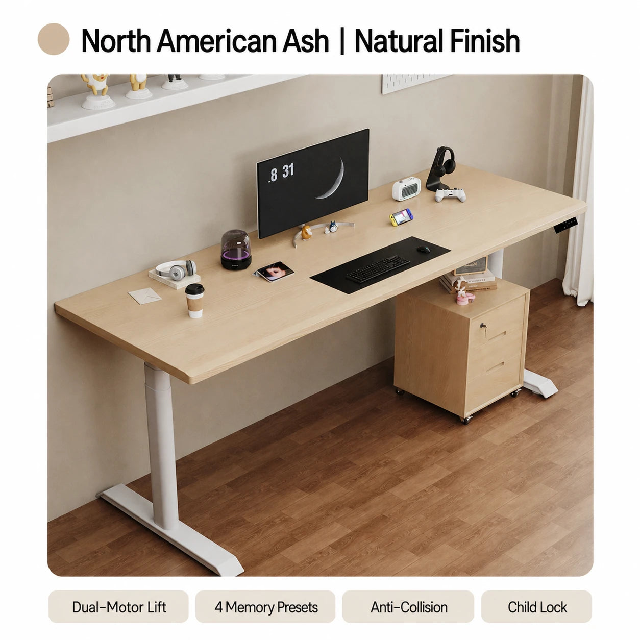 Natural North American ash dual-motor electric standing desk