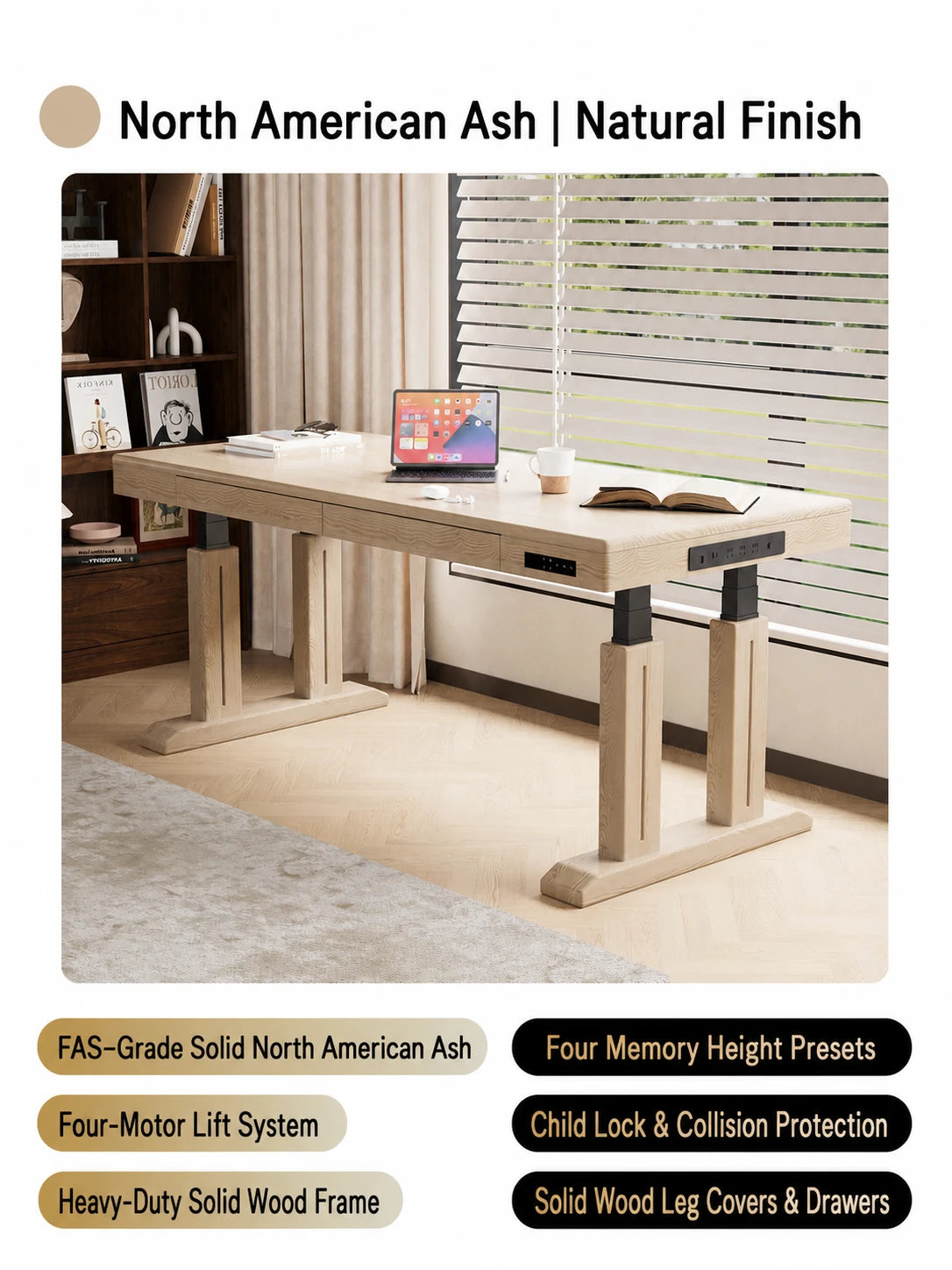 Natural North American ash four-motor electric standing desk