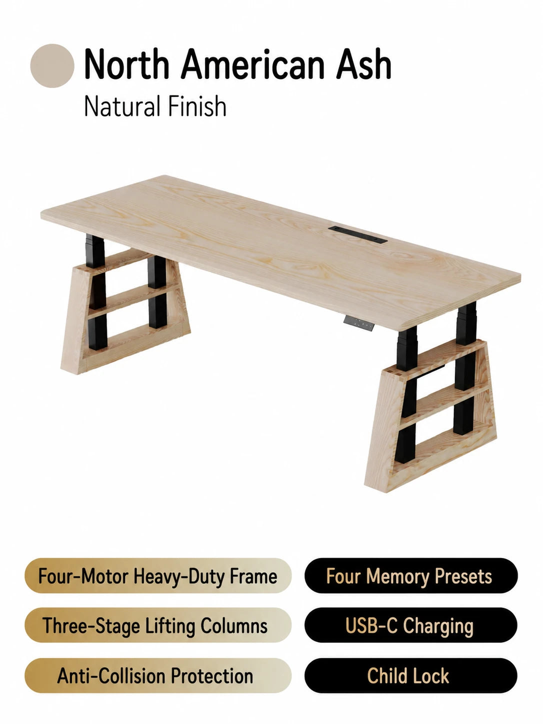 Natural North American ash four-motor electric standing desk