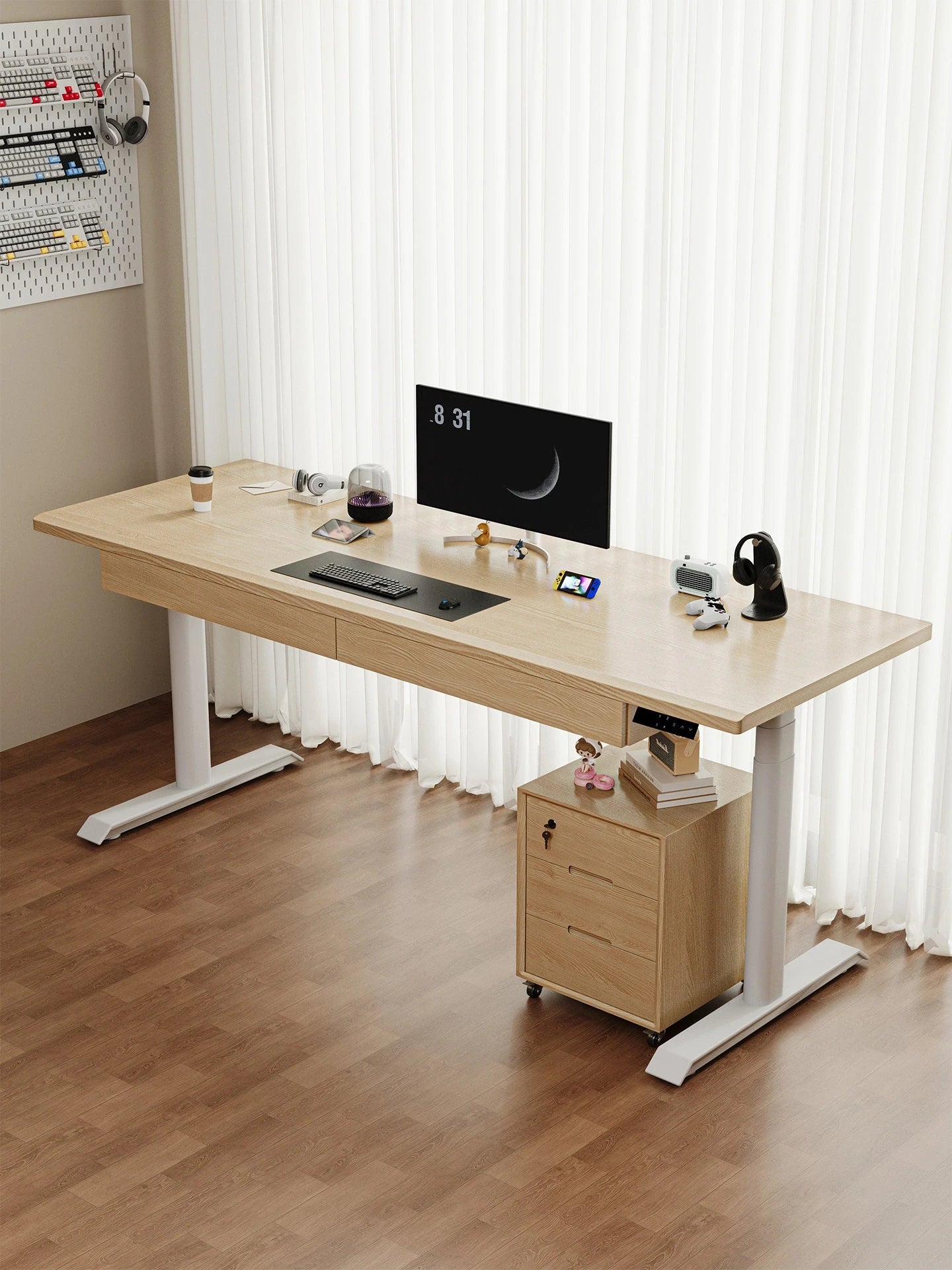 Natural ash height adjustable desk workstation with monitor