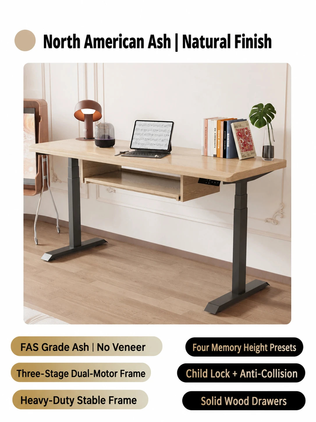 Natural North American ash electric standing desk with keyboard tray