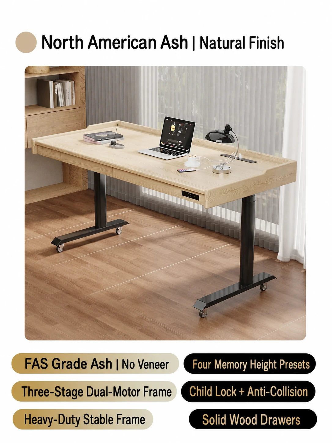 Natural North American ash mobile electric standing desk