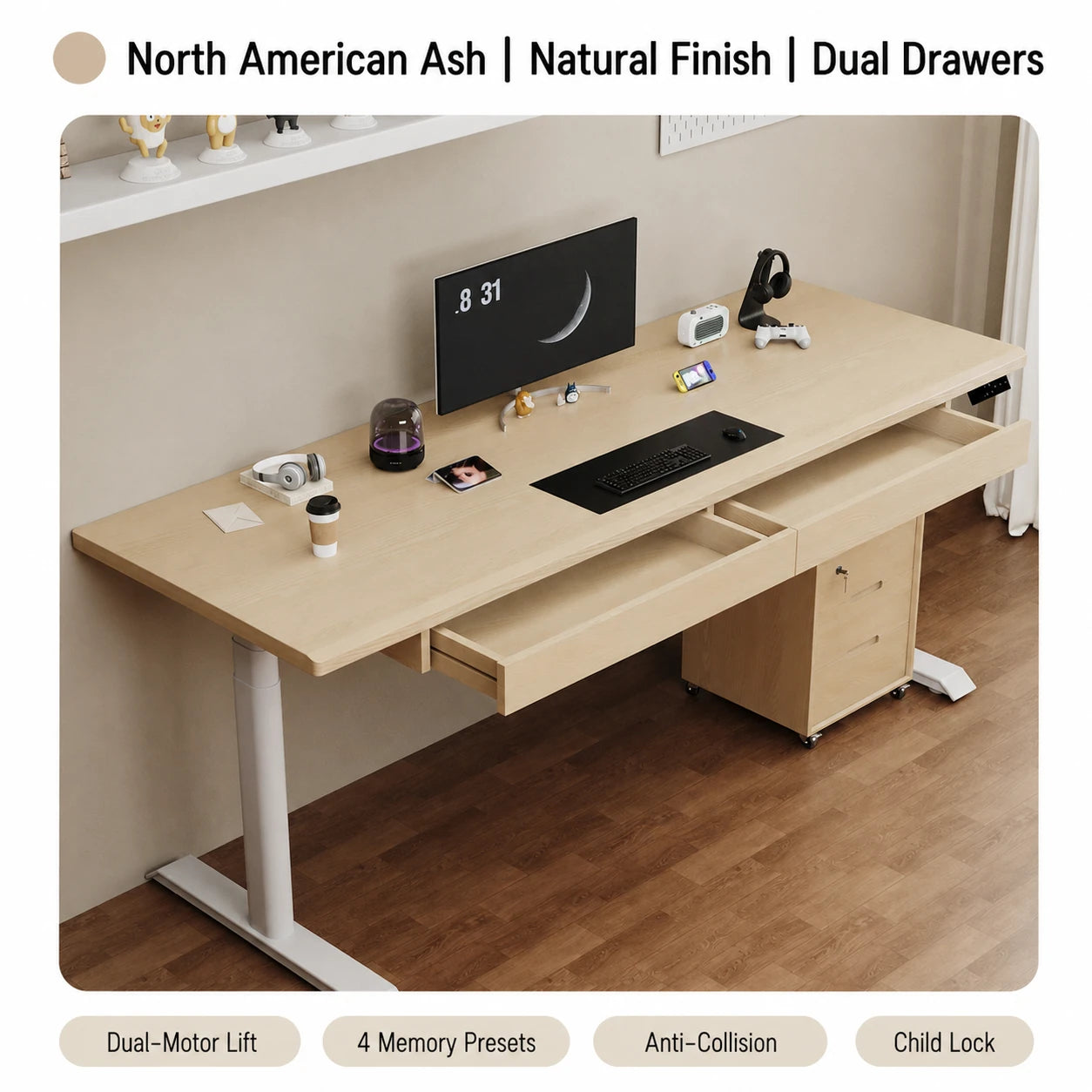 Natural ash electric standing desk with two integrated drawers
