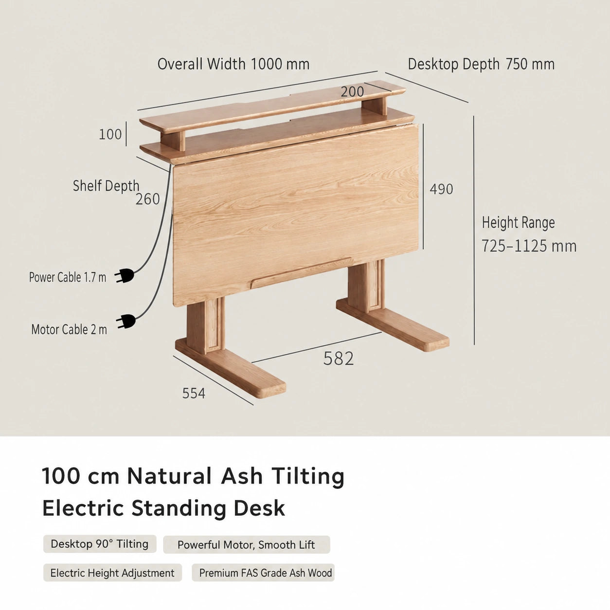 100 cm natural ash tilting electric standing desk dimensions