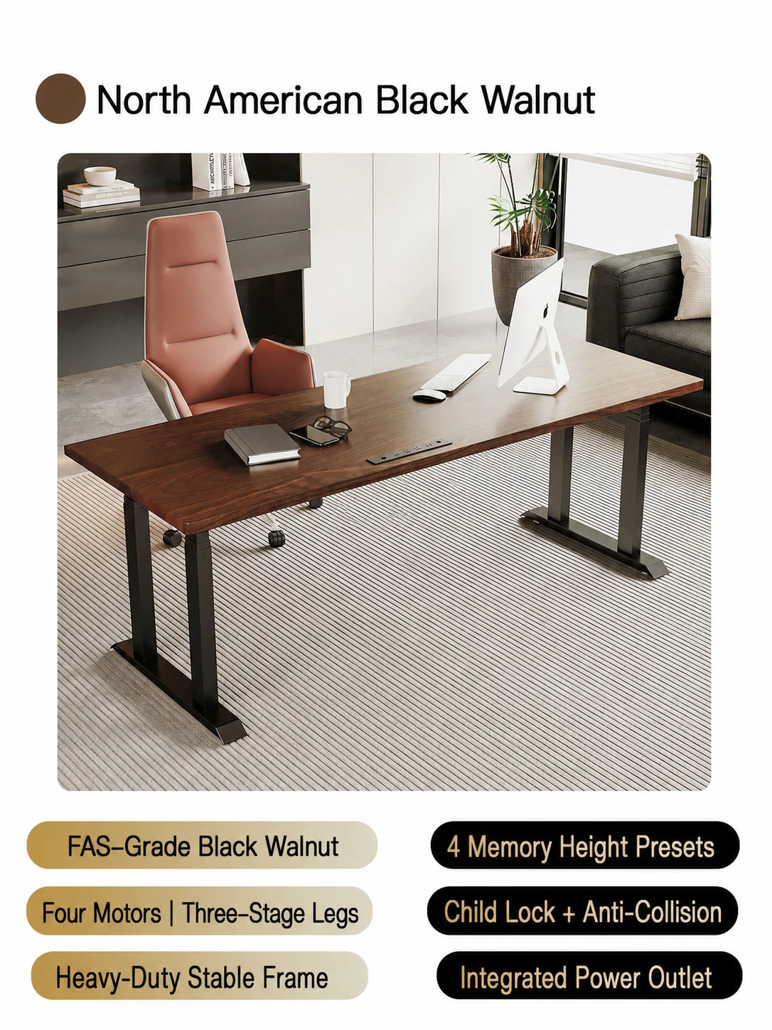 Natural black walnut four-motor electric standing desk