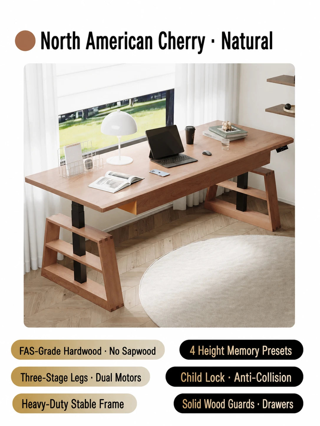 Natural cherry electric standing desk with drawers
