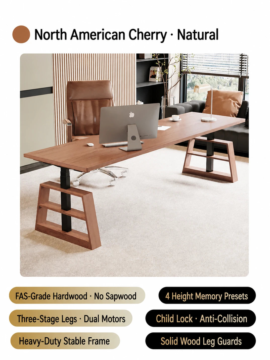 Natural cherry electric standing desk with wood leg guards