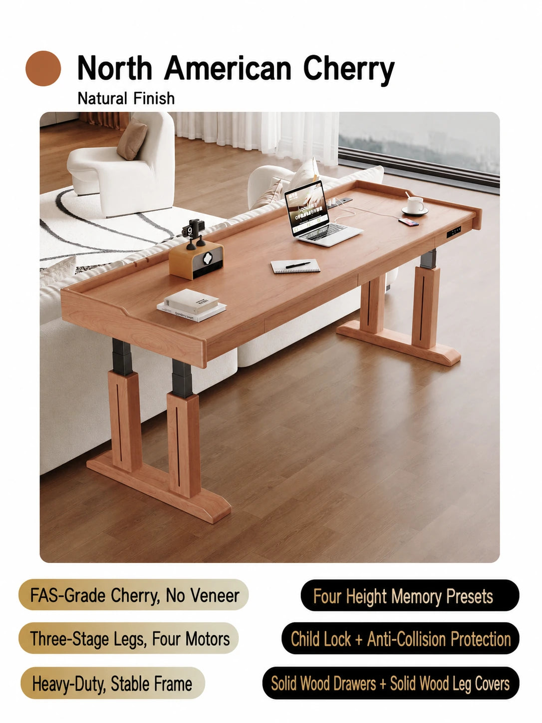 Natural cherry electric standing desk with integrated drawers