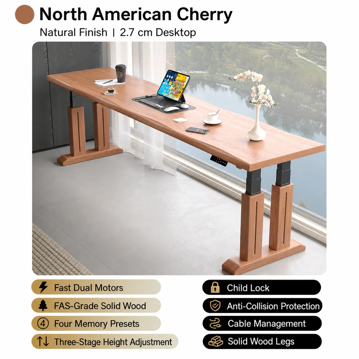 Natural cherry electric standing desk with memory presets