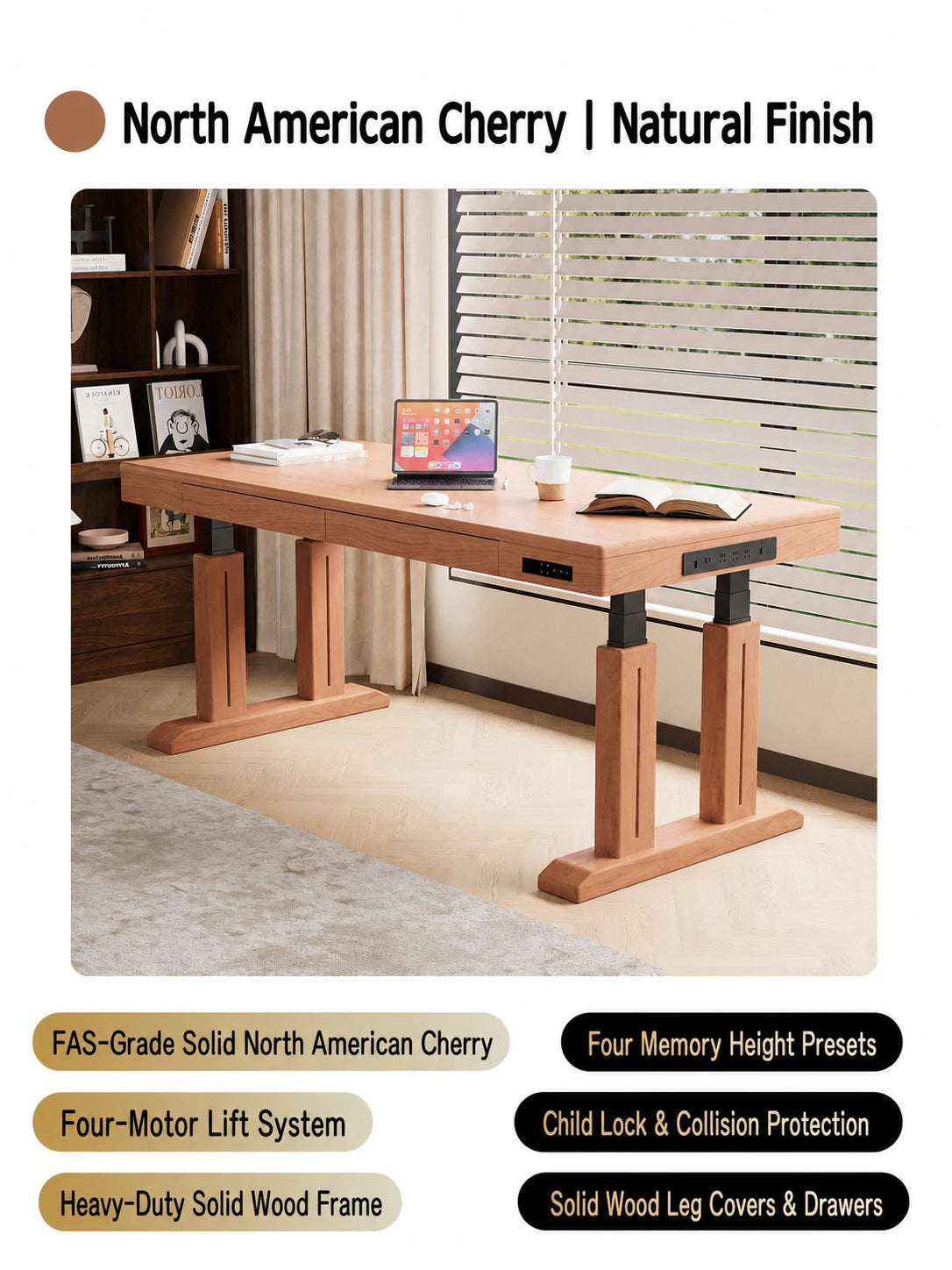 Natural North American cherry four-motor electric standing desk