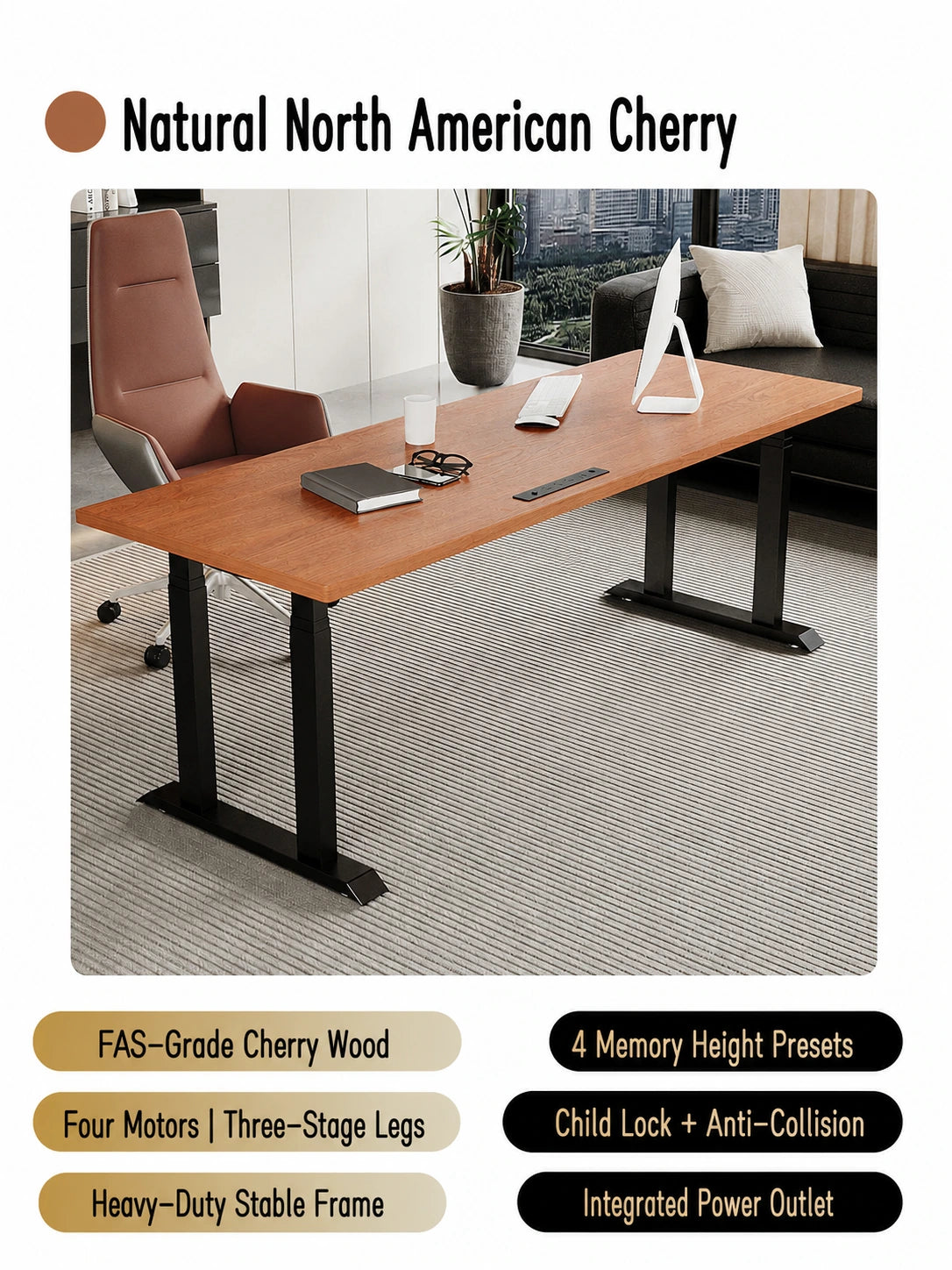 Natural cherry four-motor electric standing desk
