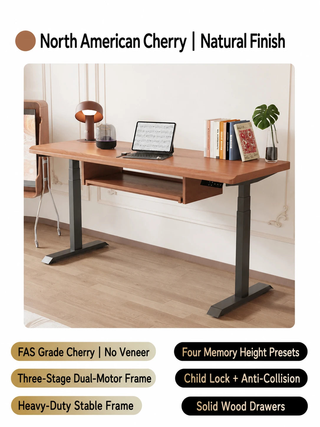 Natural North American cherry electric standing desk with keyboard tray
