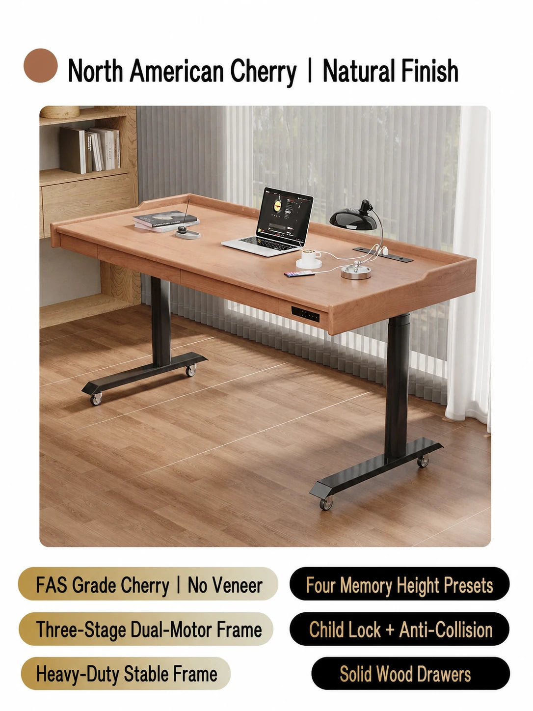 Natural North American cherry mobile electric standing desk