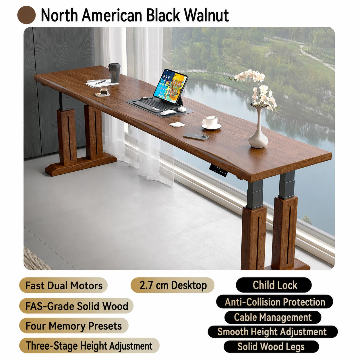 North American black walnut natural-edge electric standing desk