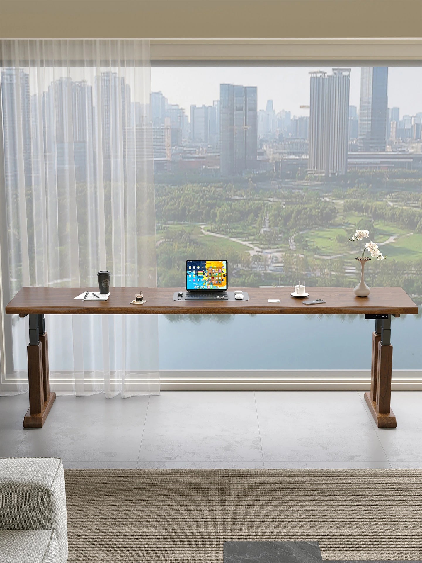 Wide natural-edge electric standing desk viewed from the front