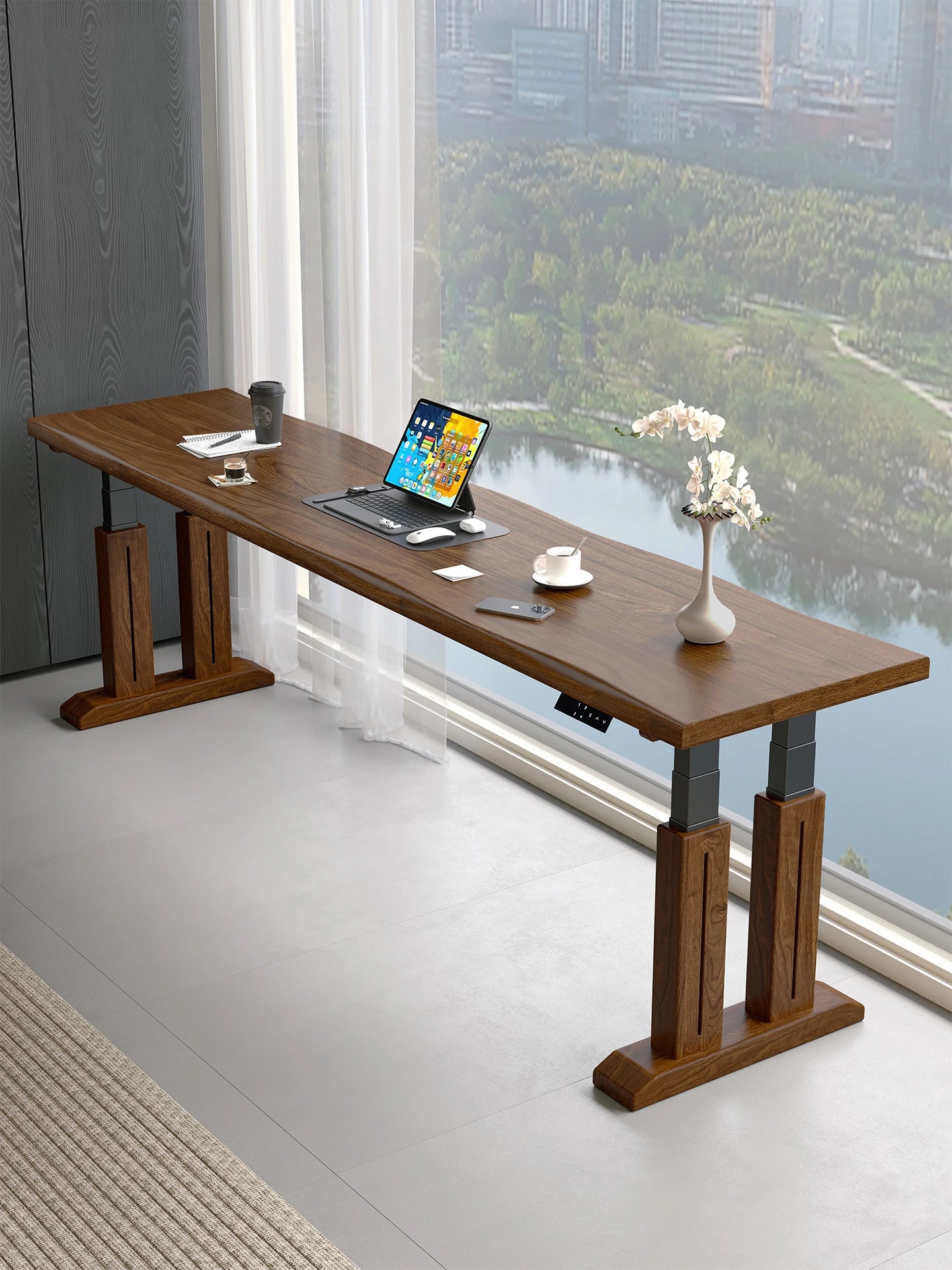 Natural-edge solid wood electric standing desk in a window office