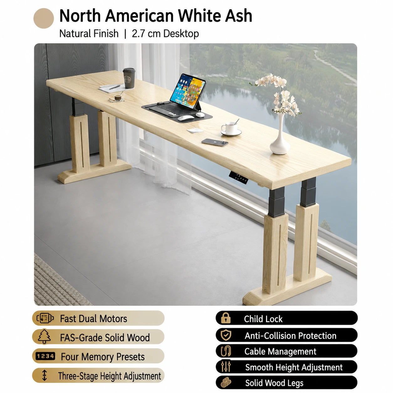 Natural white ash electric standing desk with solid wood legs