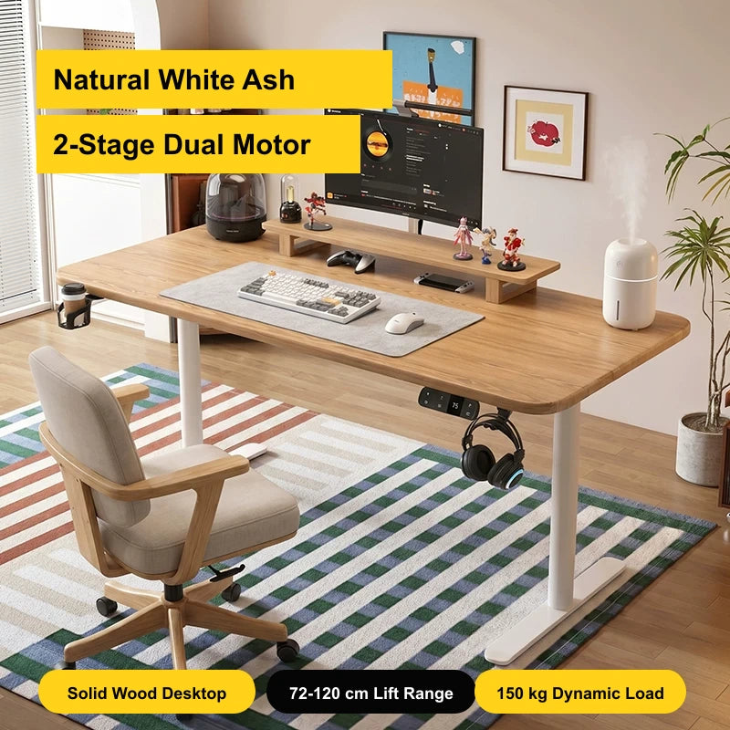 Natural white ash electric standing desk with white two-stage dual-motor frame